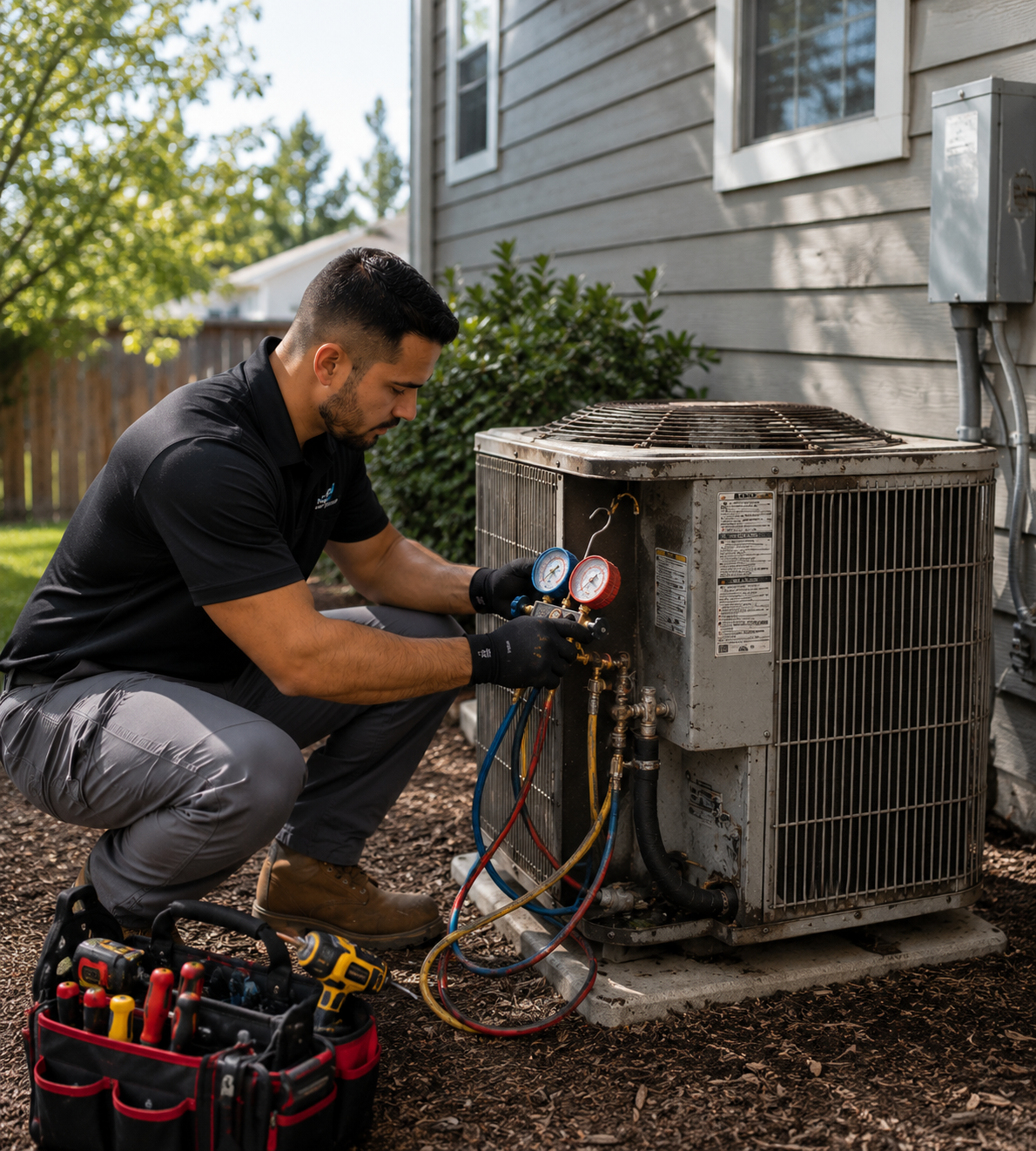 HVAC technician evaluating an aging AC system in Austin TX