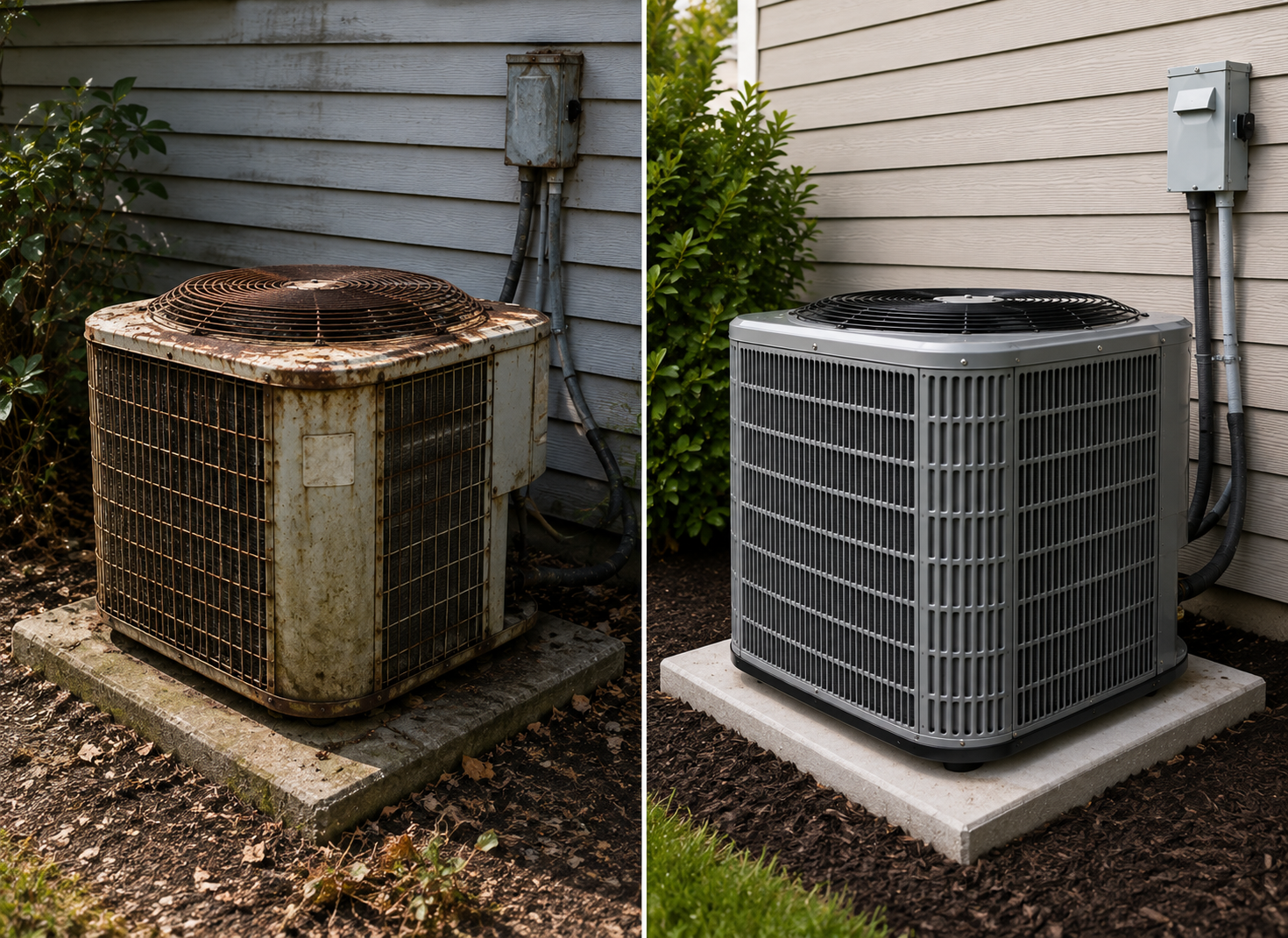 Old AC unit before and new HVAC system after replacement
